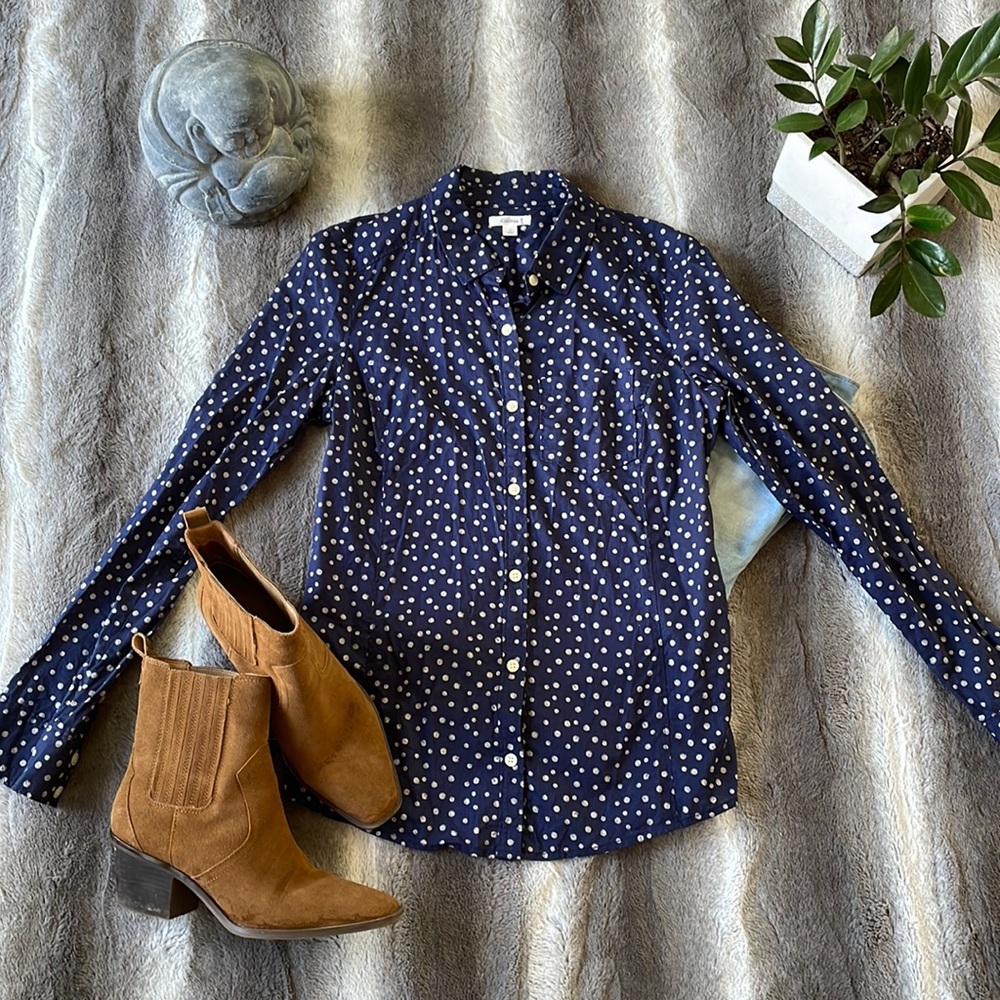Blue Polka Dotted Button Down Blouse